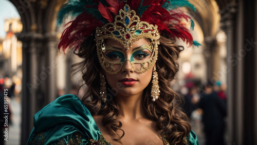 Bellissima donna con maschera e costume al carnevale di Venezia