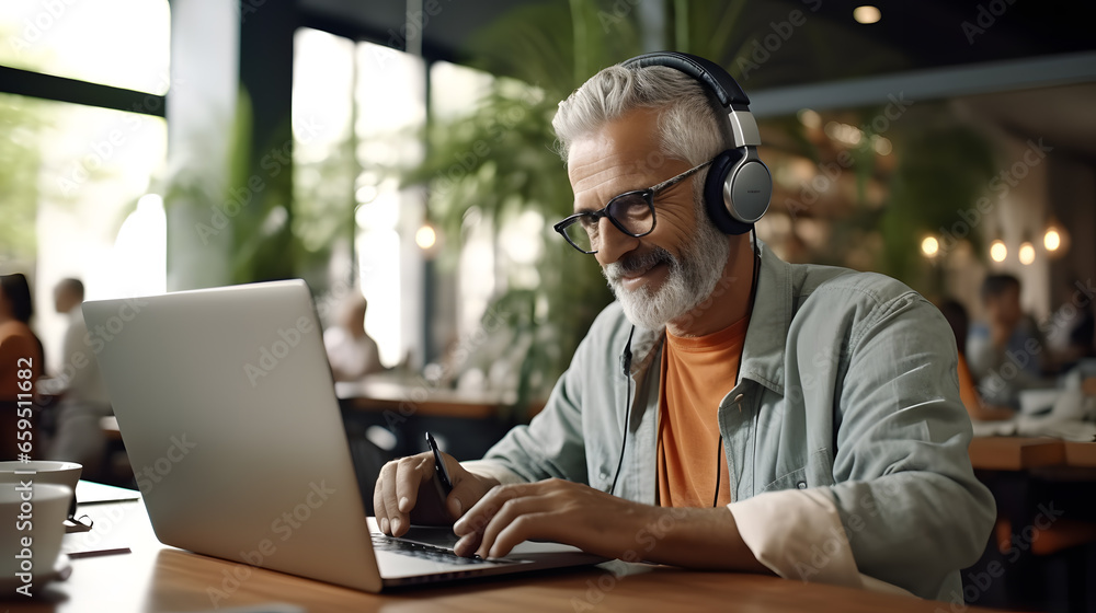 Senior Man Enjoying Cafe Work on Laptop Senior Man Enjoying Cafe Work on Laptop