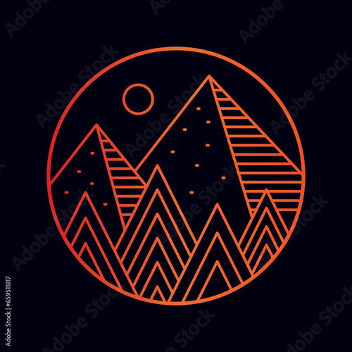 The nature mountains strong straight mono line graphic illustration vector for t-shirt, badge, patch design