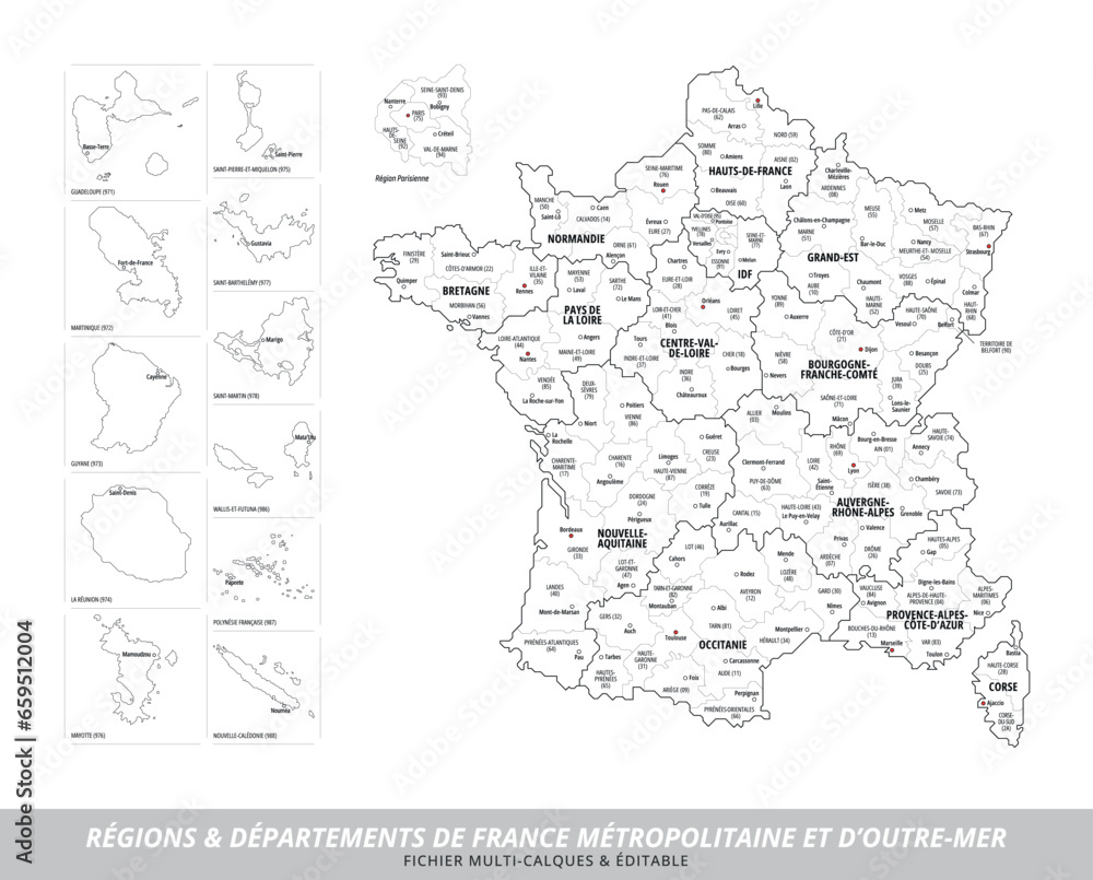 Fototapeta Carte des Départements et des Régions de France Métropolitaine et d'Outre-Mer