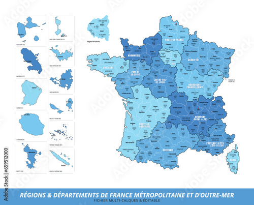 Carte des Départements et des Régions de France Métropolitaine et d'Outre-Mer