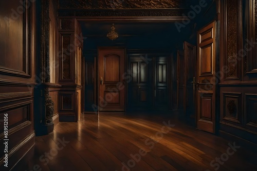 Hallway wooden floor door vintage manor evening - AI Generative