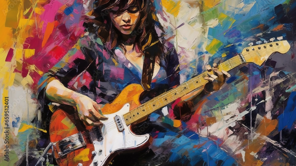 Fine Art Painting in Oil Mixed Style Brush Stroke of Beautiful Young Girl Playing a Guitar Vibrant Abstract Art