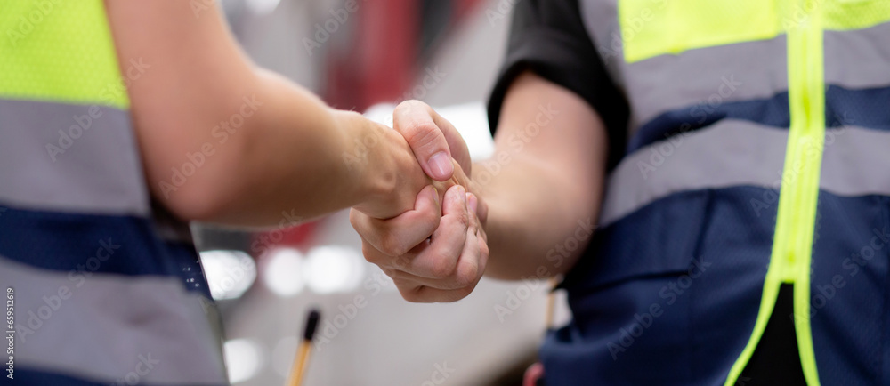 Closeup hands caucasian engineer man and woman meeting and checking electric train for planning maintenance and handshake with agreement and deal for success in station, transport and vehicle.