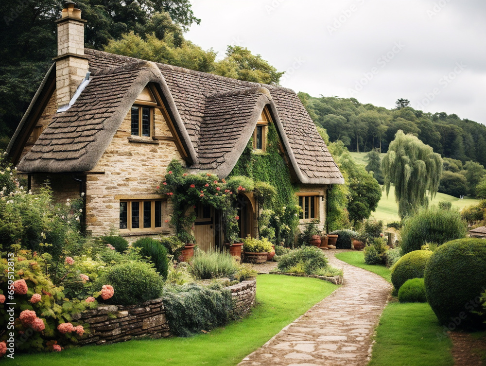 A picturesque English countryside cottage, showcasing warmth and charm in a tranquil setting.