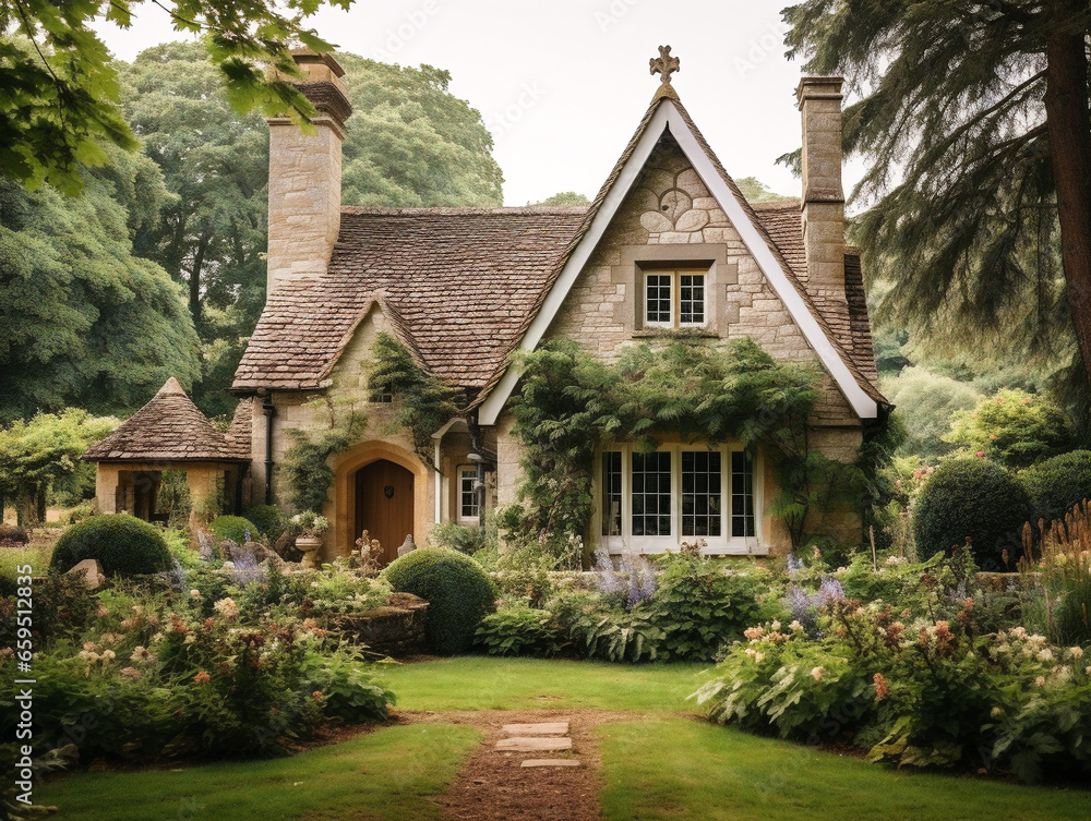 A charming English countryside cottage exuding warmth and coziness, amidst serene surroundings.