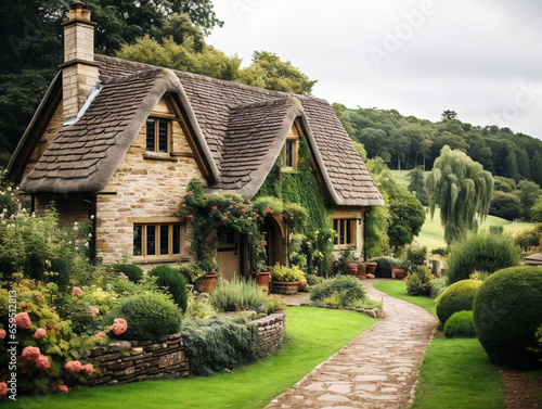 A picturesque English countryside cottage, showcasing warmth and charm in a tranquil setting.