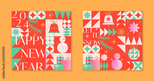 Christmas and Happy New Year greeting card templates.Festive vector backgrounds in flat modern style with traditional winter holiday symbols.Xmas pattern designs for branding invitations prints smm