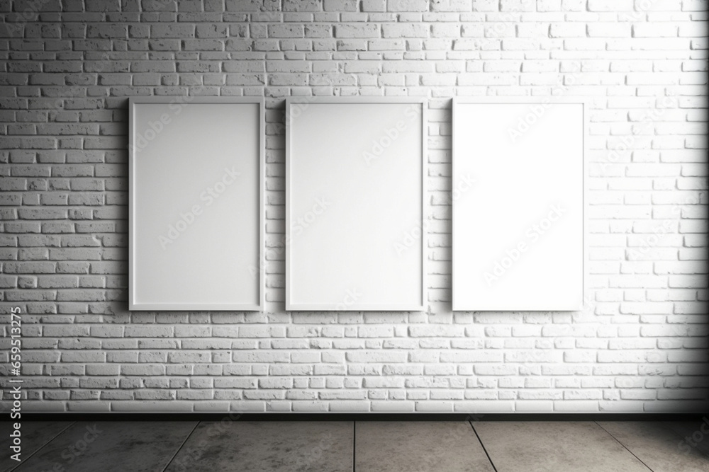 Template for the design of art works. Three white frames on a brick wall in an empty room. AI generated Template for the design of art works. Three white frames on a brick wall in an empty room. AI generated