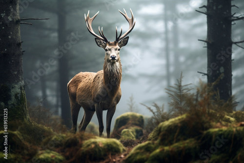 Deer in a foggy tir forest  mystic background