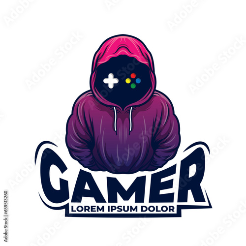Gamer mascot icon, gamer face with hoodie illustration of professional gamer athlete, game console icon