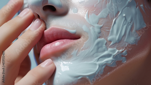 Man applying a blue facial clay mask, close-up. Man applying clay mask pack, men’s grooming. Mens cosmetics photo, beauty industry advertising photo.