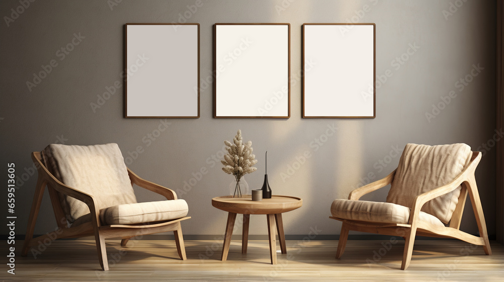Generative AI, Poster frame mockup in beige and brown living room interior, wabi sabi minimalism style Generative AI, Poster frame mockup in beige and brown living room interior, wabi sabi minimalism style