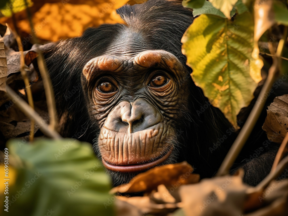 Curious chimp peers inquisitively through lush foliage, captivated by the natural wonders of its habitat.