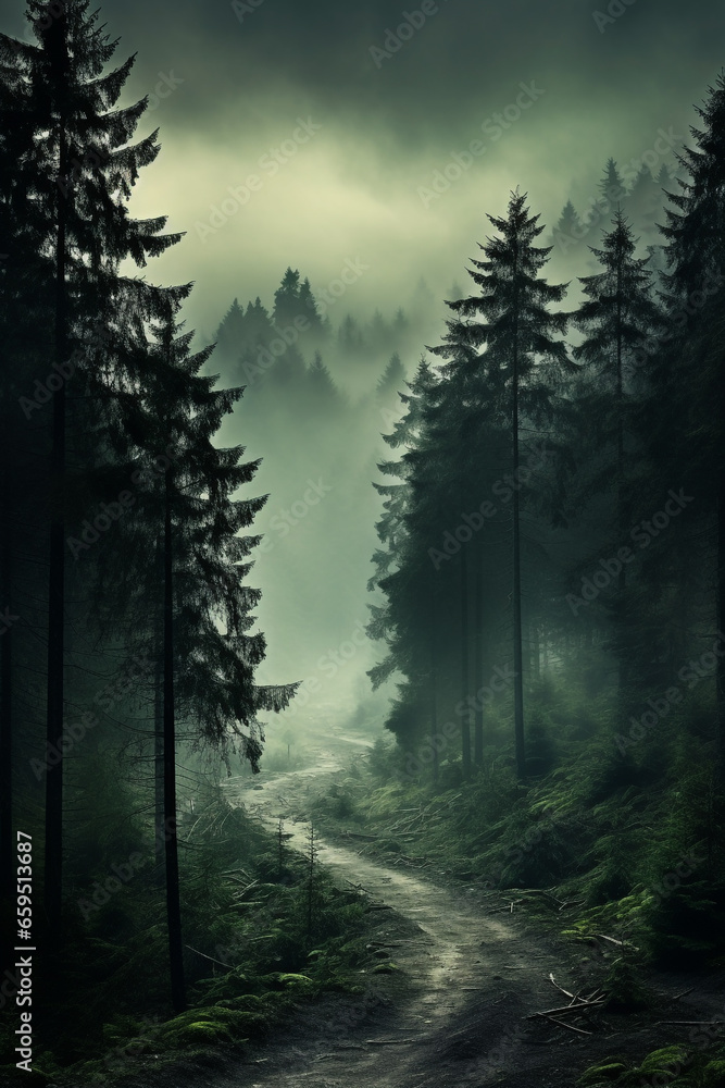 Obraz premium Foggy landscape with tir forest Background