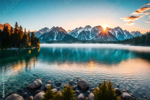 Impressive summer sunrise on lake with mountain range - AI Generative