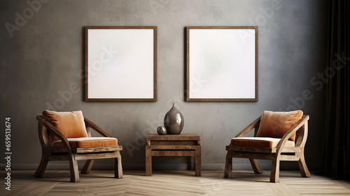 Generative AI, Poster frame mockup in beige and brown living room interior, wabi sabi minimalism style