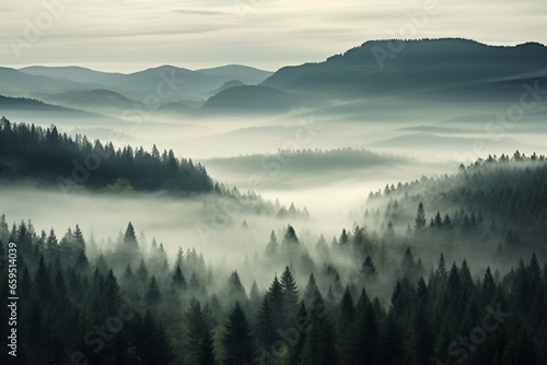 Foggy landscape with tir forest Background © Alicia