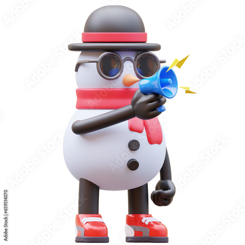 3D Snowman Character Holding Megaphone For Marketing © wellyans