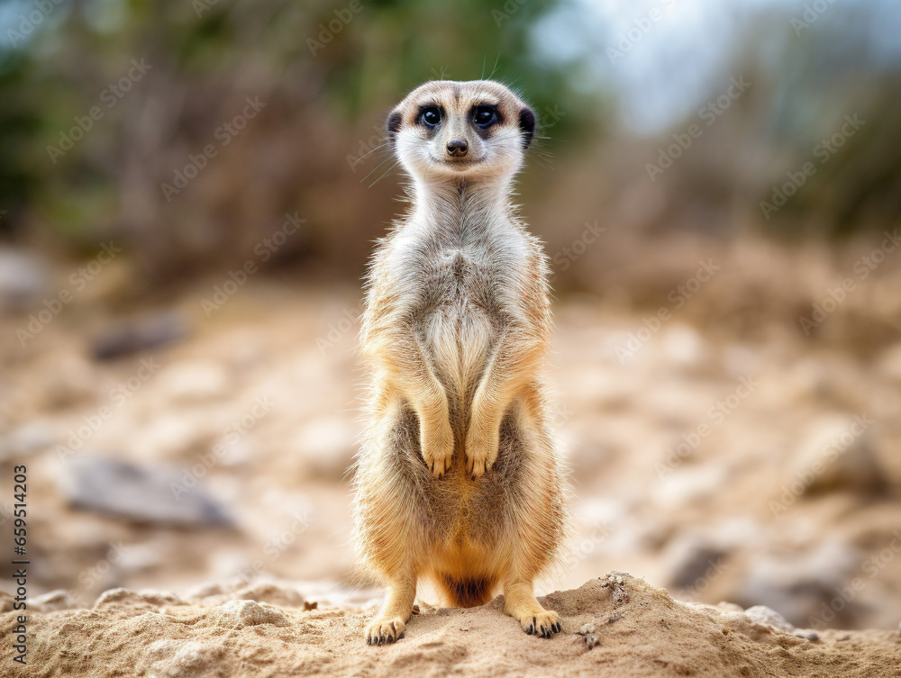 A curious meerkat stands upright, looking around inquisitively, in its natural habitat. A curious meerkat stands upright, looking around inquisitively, in its natural habitat.