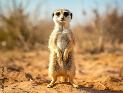 A curious meerkat stands upright, looking around with an alert expression in its eyes. © Szalai