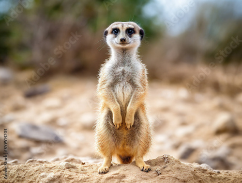 A curious meerkat stands upright, looking around inquisitively, in its natural habitat. © Szalai