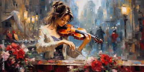 A Women Musician Playing with Exquisite Care Violin Painting Abstract Art Background