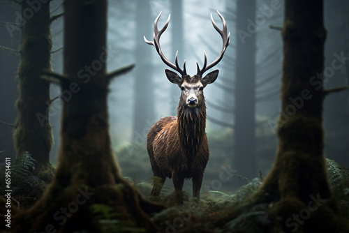 Deer in a foggy tir forest, mystic background © Alicia