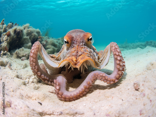 A playful octopus extends its tentacles from its hiding spot, exploring the surrounding waters.