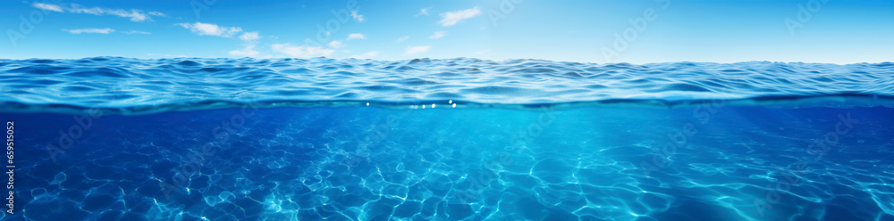 View of the sea above and under the water surface - obrazy, fototapety, plakaty 