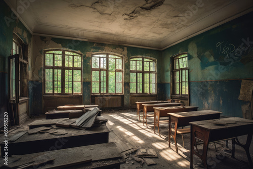 Interior of an old abandoned school building, destroyed by time.