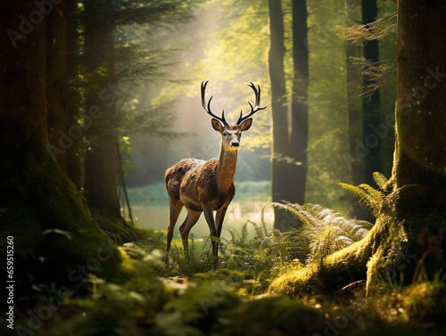 A peaceful deer stands in a tranquil forest clearing, captured in a vintage style photograph.