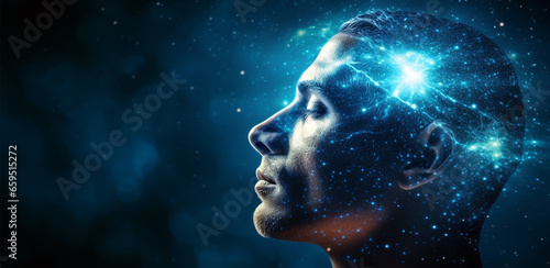 A MAN MEDITATES  FANTASIZES AGAINST THE BACKGROUND OF THE STARRY SKY. image created by legal AI