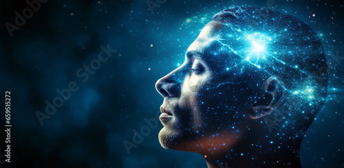 A MAN MEDITATES, FANTASIZES AGAINST THE BACKGROUND OF THE STARRY SKY. image created by legal AI