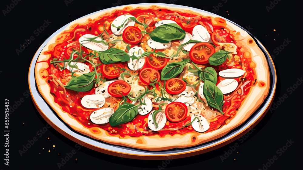a pizza with tomatoes, cheese, and basil on a plate. generative ai a pizza with tomatoes, cheese, and basil on a plate. generative ai