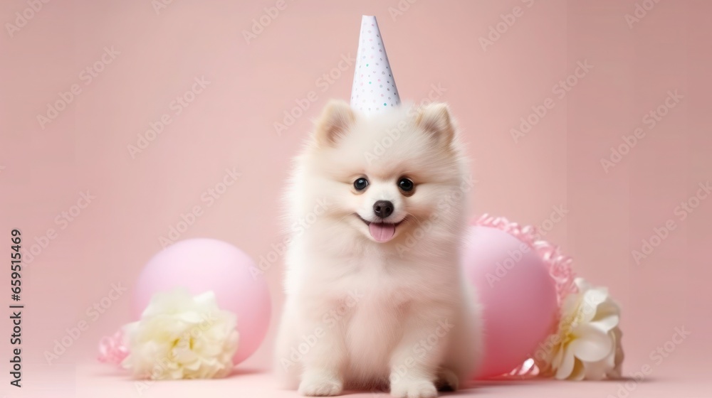 Dog wear birthday hat with happy birthday background