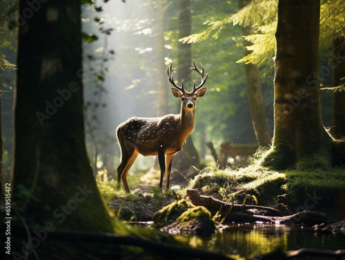 A majestic deer peacefully stands in a tranquil forest clearing  captured in vintage style.