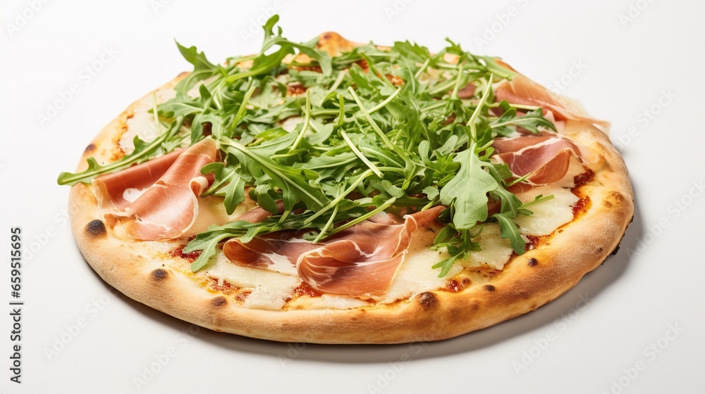 a pizza topped with greens and meat on a white surface. generative ai a pizza topped with greens and meat on a white surface. generative ai