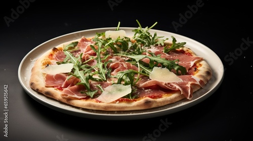  a pizza with meat, cheese, and greens on a plate. generative ai
