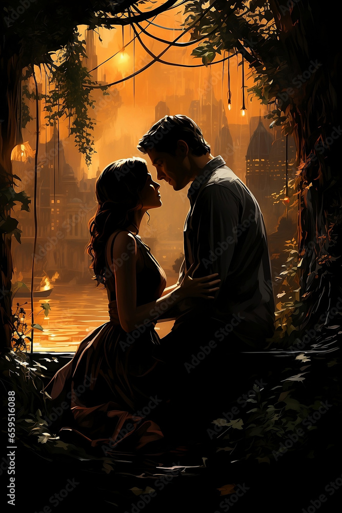 A romantic couple in the evening background, watercolor artwork. Generative AI