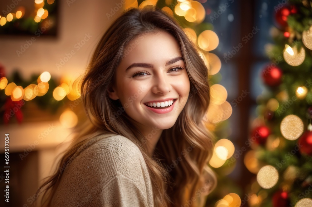 Fototapeta premium Close up portrait of overjoyed young Caucasian woman have fun laugh and joke enjoying Christmas winter holidays at home. Excited millennial female feel playful positive and joyful, celebrate New Year.