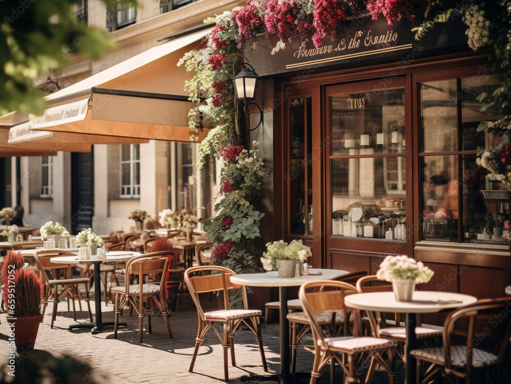 A cozy European-style café with outdoor seating, presenting a delightful and inviting atmosphere.