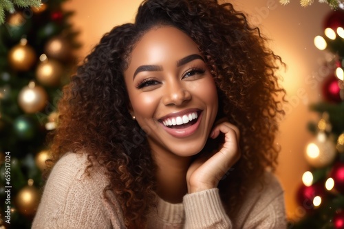 Medium shot portrait optimistic happy African American beautiful girl laughing, looking at camera, posing on Christmas tree background at home, blogger shooting vlog