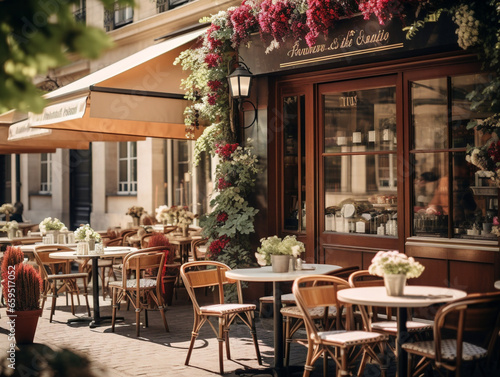 A cozy European-style café with outdoor seating, presenting a delightful and inviting atmosphere.