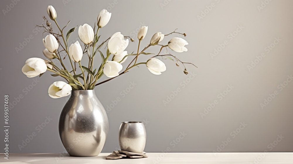 a silver vase with white flowers in it and a pair of silver vases. generative ai a silver vase with white flowers in it and a pair of silver vases. generative ai