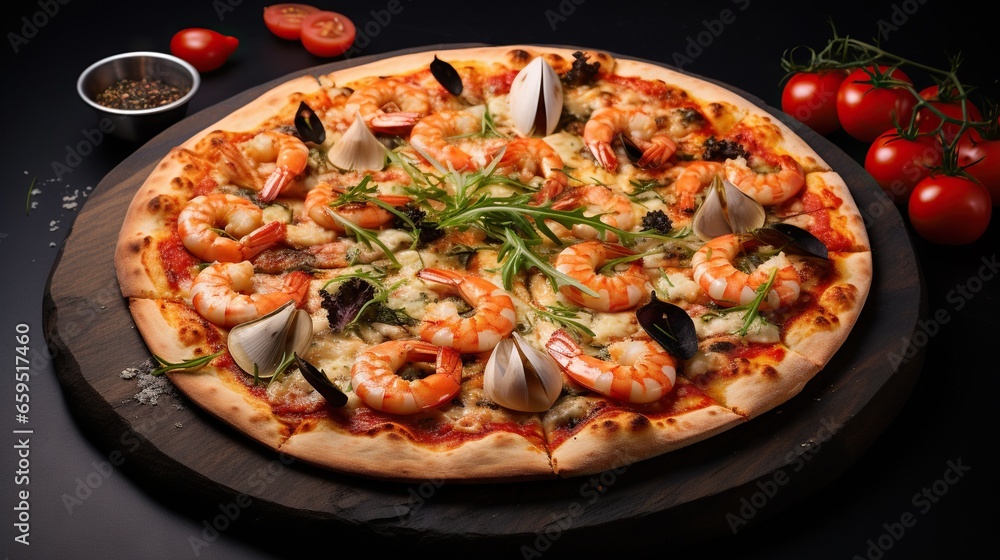  a pizza with shrimp, shrimp, and other toppings.  generative ai