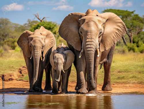A panoramic view captures a group of majestic elephants gathered at a serene watering hole.