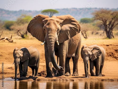 A beautiful image of a family of elephants gathered around a watering hole in the wild.