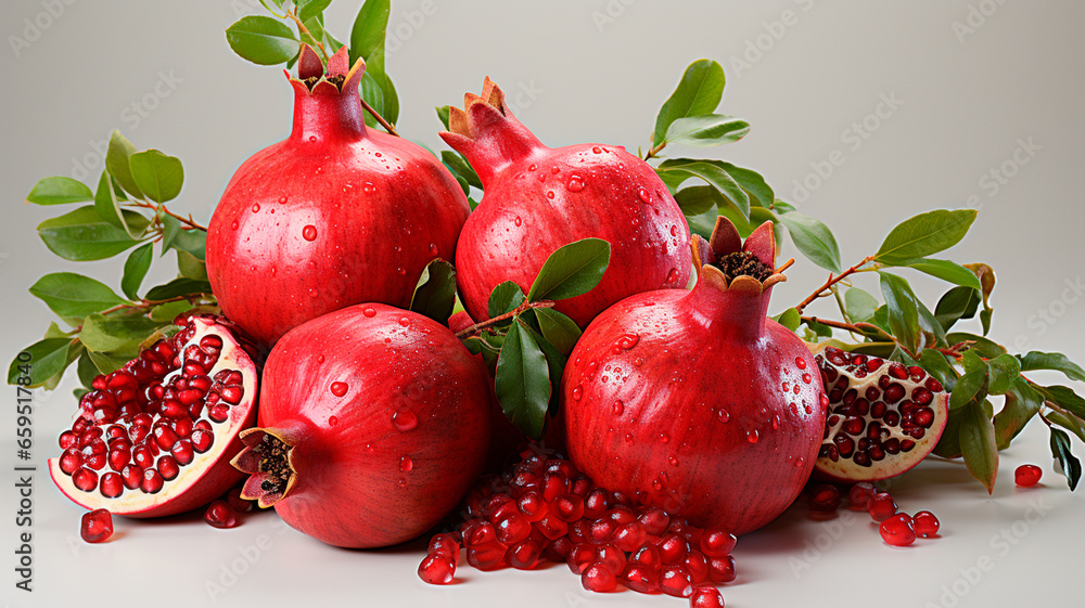 pomegranate and leaves on white background pomegranate and leaves on white background