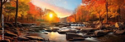 orange sky, waterfall, and colorful autumn leaves Generative AI